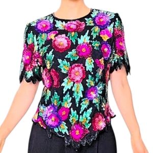Vintage 80s Laurence Kazar Silk Sequin Multicolor Floral Black Top Size S M L
